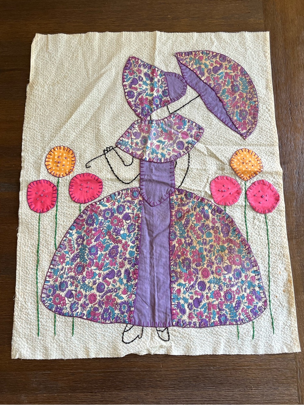 Lady with Bonnet, Umbrella, Purple Floral Dress | Fabric | Large